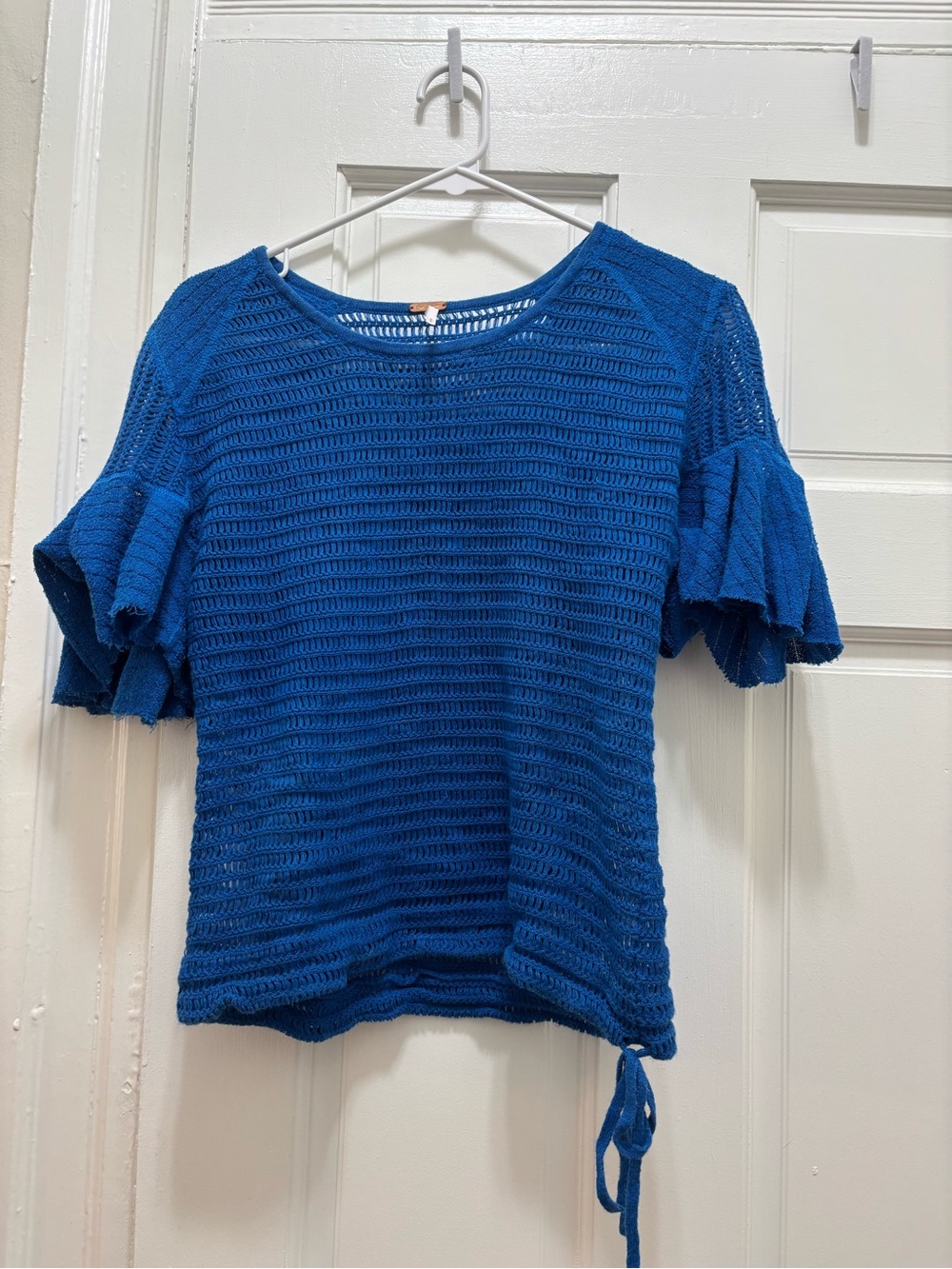 Free People Cobalt Blue Open-Weave Ruffle Sleeve Tie-Hem Top